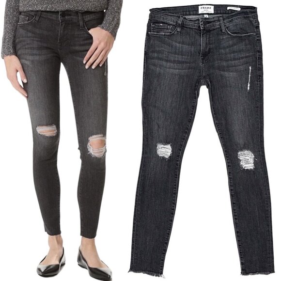 Frame Mid-Rise Le Skinny De Jeanne Distressed Denim Jeans in Mercer Size 28 - Picture 1 of 16